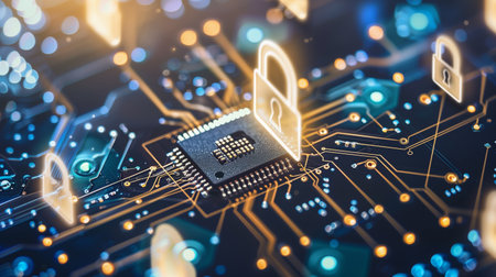 Processor and motherboard. Cyber security concept. AI generated/の素材