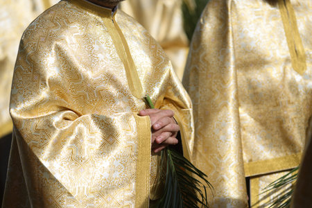 Romanian Orthodox priests holding palm leaves walk on the streets of Bucharest during a Palm Sunday...
