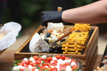 Shallow depth of field (selective focus) details with various types of cheese at a buffet.の写真素材