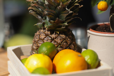 Shallow depth of field (selective focus) details with pineapple, lemons, lime and oranges on a lemonade bar.の写真素材