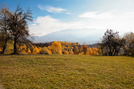 Scenic autumn overview of Magura village in Romania, near the Piatra Craiului mountains.の写真素材
