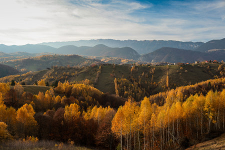 Scenic autumn overview of Magura village in Romania, near the Piatra Craiului mountains.の写真素材