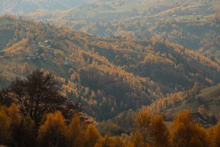 Scenic autumn overview of Magura village in Romania, near the Piatra Craiului mountains.の写真素材