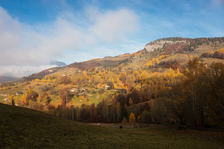 Scenic autumn overview of Magura village in Romania, near the Piatra Craiului mountains.