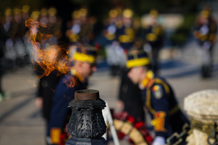 The eternal flame for the army heroes during a military ceremony at the Tomb of the Unknown Soldier.の写真素材