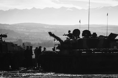 Soldiers and tanks during a NATO Multinational Exercise.の写真素材