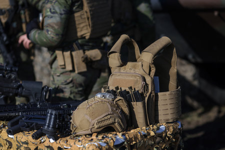 Details with a NATO military vest and helmet during a NATO Multinational Exercise.の写真素材