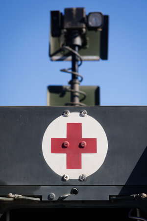 Details with the medevac symbol on a NATO armored vehicle.の写真素材