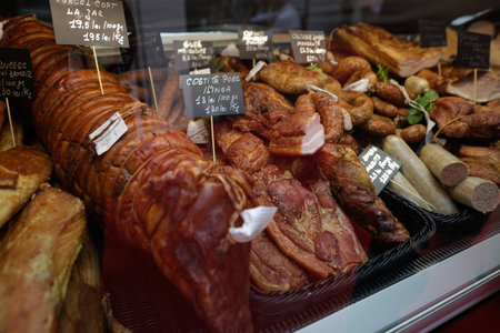 Various Romanian traditional smoked meat cuts for sale.の写真素材
