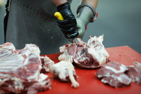 Details with the hands of a butcher, a knife in one and a metal glove in the other, cutting a pork carcass.の写真素材
