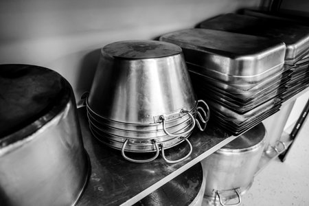 Details with stainless steel kitchen pots, pans and utensils in a professional canteen or hospital...