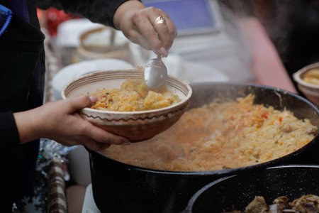 Details with traditional Romanian sarmale or stuffed cabbage rolls in a farmers market.の写真素材