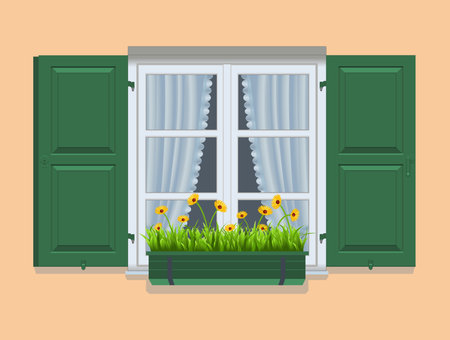 window with curtains green shutters and a big pot with yellow spring flowersのイラスト素材