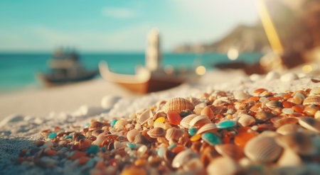 Seashells on the beach with a boat in the backgroundの素材