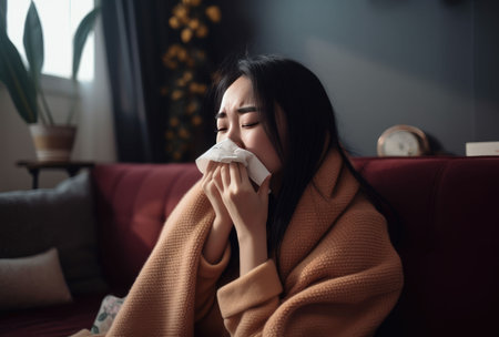 sick asian woman sneezing in tissue on sofa at homeの素材
