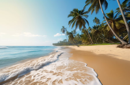 Beautiful tropical beach with palm trees and blue sky. 3d renderingの素材