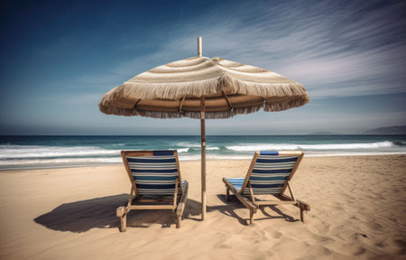 Beach chairs and umbrella on the sandy beach. Toned.の素材