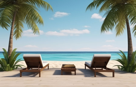 3d rendering of two deck chairs on the beach with palm treesの素材