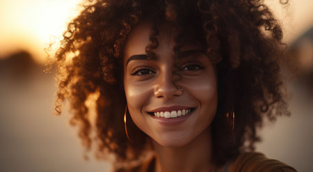 Close up portrait of a beautiful young african american woman smiling outdoorsの素材