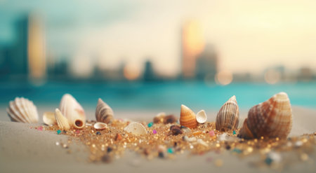 Seashells on the sand with cityscape in the backgroundの素材