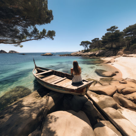 Young woman sitting on a boat and looking at the sea in Cala Saona, Sardiniaの素材