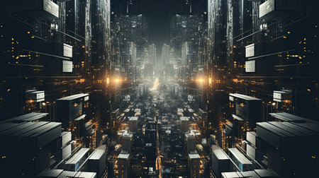Futuristic city at night 3D rendering toned image double exposureの素材