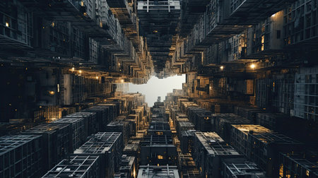 3d rendering of abstract technology concept. Skyscrapers in the cityの素材