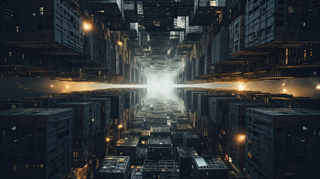 3D rendering of a futuristic city at night with neon lights.の素材