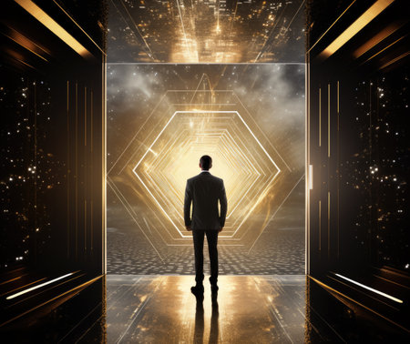 Businessman standing in front of futuristic tunnel with glowing light. Future conceptの素材