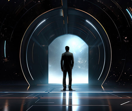 Businessman standing in front of a door in a futuristic space.の素材