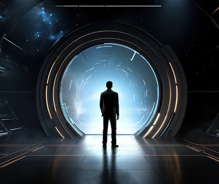 Silhouette of businessman standing in futuristic space tunnel. Mixed mediaの素材