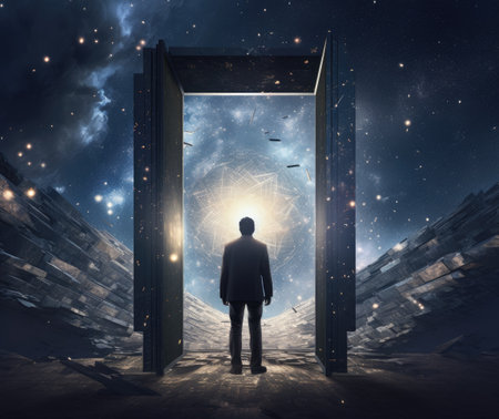 Businessman in front of open door in space with glowing stars conceptの素材