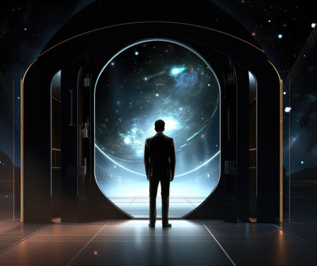 Man standing in front of an open door in space. 3D renderingの素材