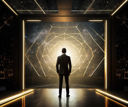 Businessman standing in a dark room with a glowing light on itの素材