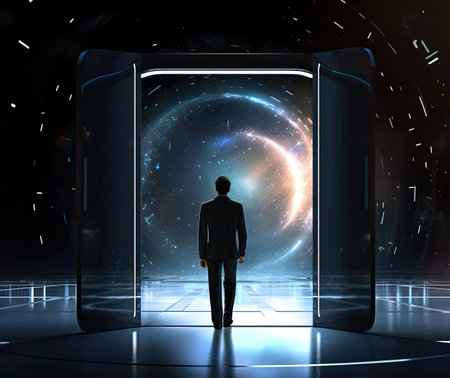 Rear view of businessman looking at abstract space tunnel. Future conceptの素材
