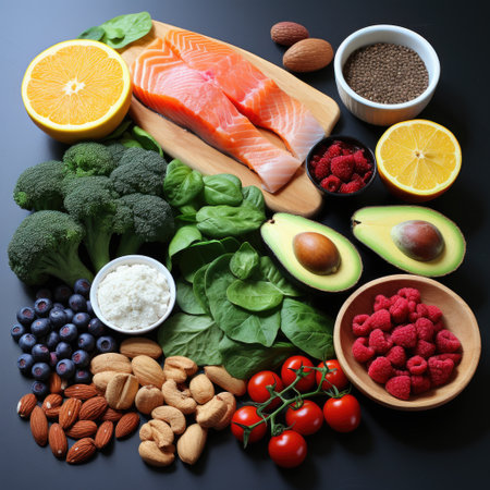 Healthy food clean eating selection: salmon, avocado, spinach, tomatoes, almond, lemon, raspberries, broccoli, spinach, lemon on black backgroundの素材