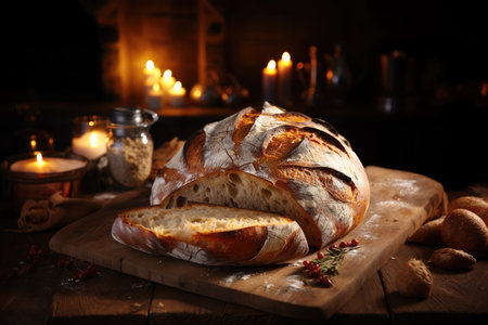 Freshly baked sourdough bread on wooden table in room with burning candlesの素材