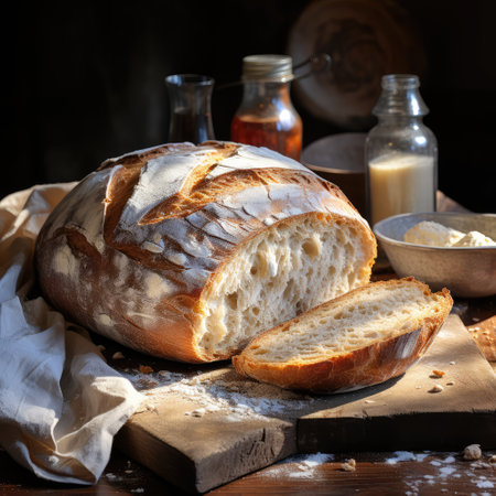 Freshly baked sourdough bread on rustic wooden table with ingredients for bakingの素材