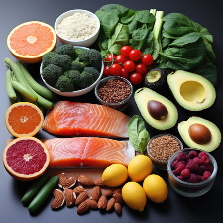 Healthy food clean eating selection: salmon, avocado, vegetables, fruits, superfoods.の素材