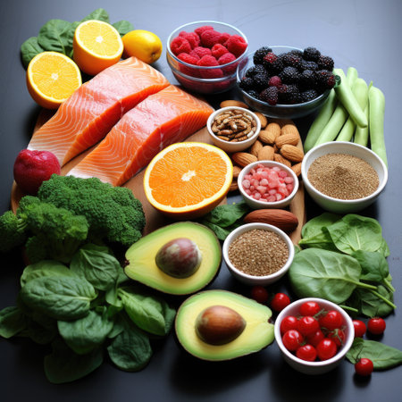 Healthy food clean eating selection: salmon, avocado, spinach, berries, nuts, fruits and vegetables. Balanced diet.の素材