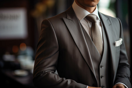 Close up of a man in a suit and tie in a restaurantの素材