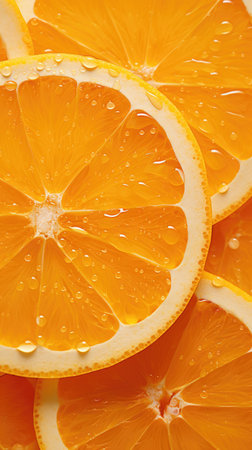 Slices of fresh orange with drops of water, closeupの素材