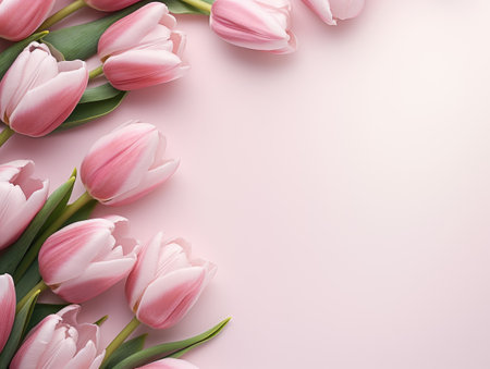 Bouquet of pink tulips on a pink background. Top view.の素材
