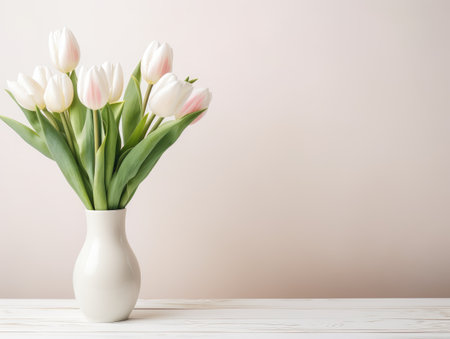 Bouquet of white tulips in vase on wooden table.の素材