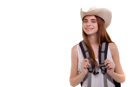 Healthy lifestyle woman smiling when she goes to hiking holidayの写真素材