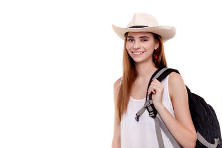 Healthy lifestyle woman smiling when she goes to hiking holidayの写真素材