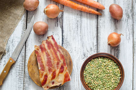 Dried peas and ingredients for pea soup recipeの写真素材