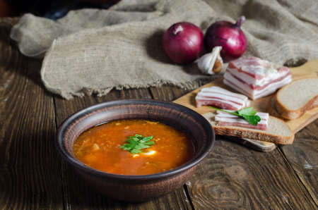 Ukrainian and russian national red borsch with lard and breadの写真素材