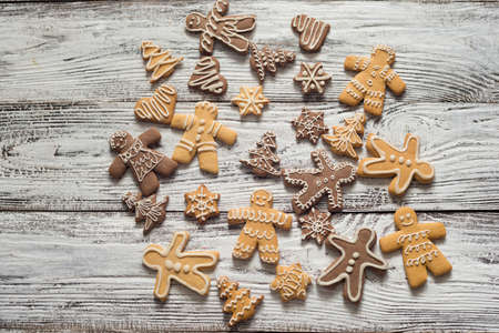 christmas cookie and candy on wood, food top viewの写真素材