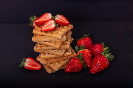 Belgian waffles with strawberries on a black background.の写真素材